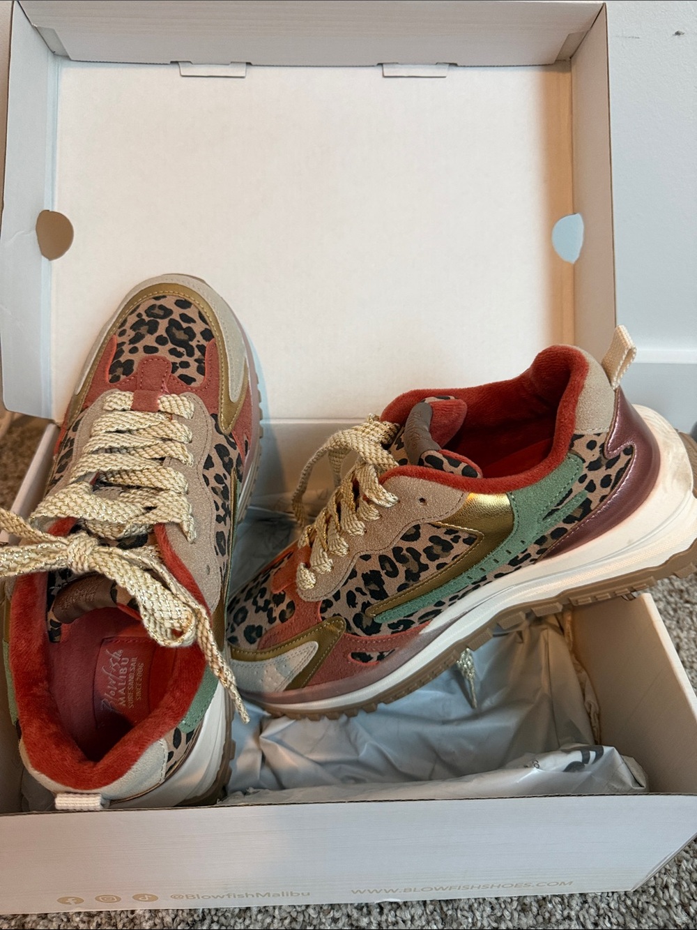 Leopard-Accent Chunky Sneakers in Rust, Green and Gold - Picture 2 of 3